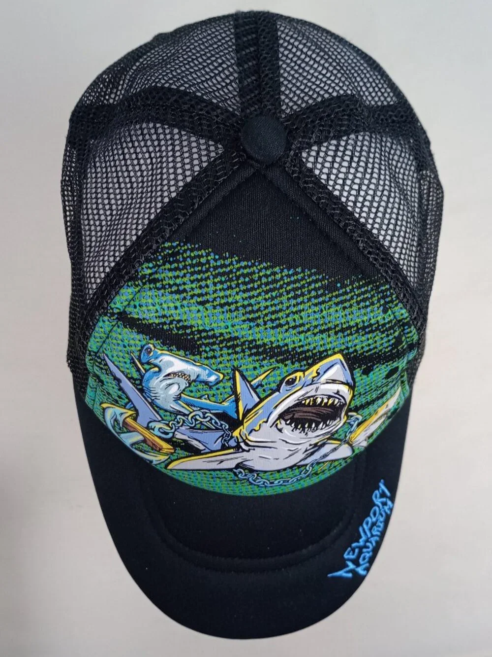 NWOT Newport Aquarium Youth Black Green‎ Blue Shark Anchor Mesh Baseball Cap